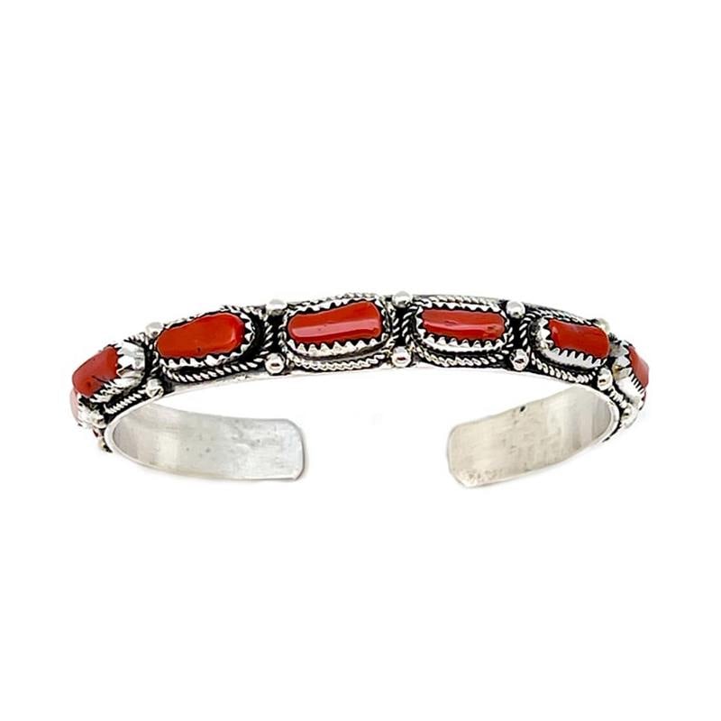 Navajo Mediterranean Coral Stacker Cuff Bracelet Sterling Silver Signed Native: Stunning sterling silver and gorgeous natural Mediterranean coral Native American Navajo stacker cuff bracelet by the Navajo artist J. Yazzie.Traditional hand etched design, accented with a gorgeous, 