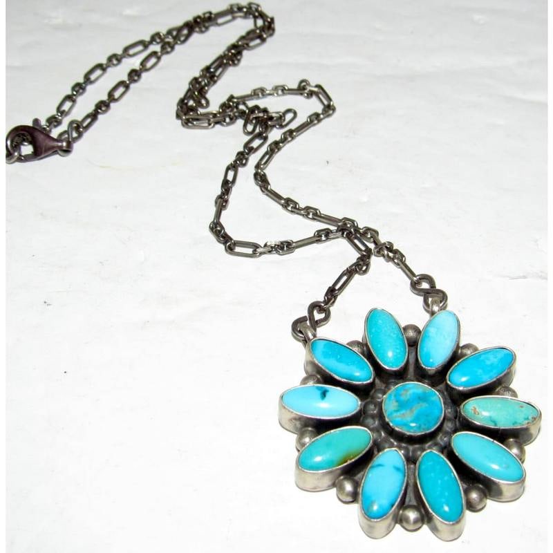 Navajo Blue Royston Turquoise Cluster Bar Necklace Sterling Silver B Lee (1 of 4)