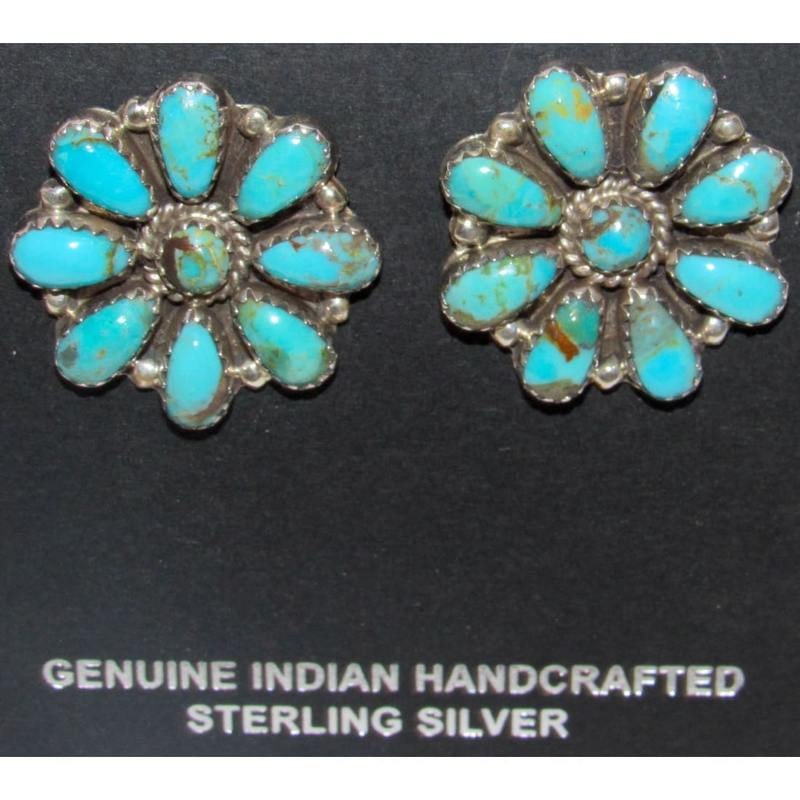 Navajo Turquoise Cluster Post Earrings Sterling Silver 1" by Ophelia Moses (1 of 3)