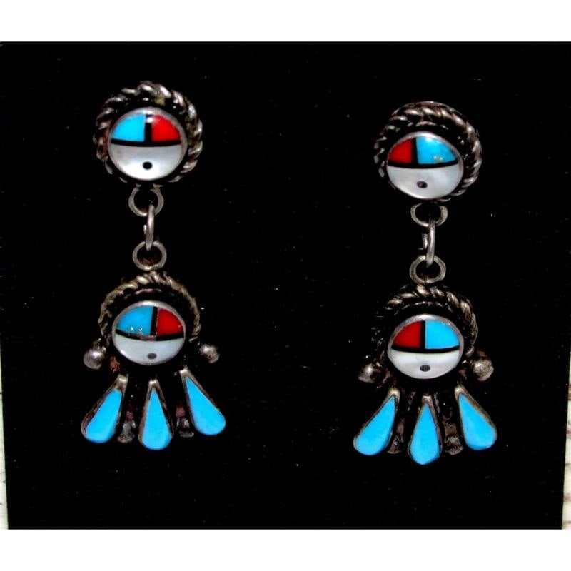 Vintage Zuni Inlay Sunface Dangle Earrings Turquoise MOP Sterling Silver: Old Pawn Zuni sterling silver dangle earrings featuring classic inlay with turquoise, coral, jet, and mother of pearl in a traditional Zuni sunface design. These vintage earrings showcase fine Zuni cr