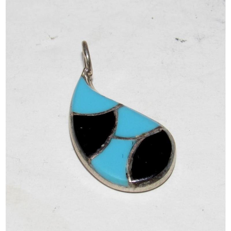 VTG Zuni Turquoise Jet Inlay Pendant Sterling Silver: Dainty Zuni inlay pendant crafted in sterling silver, featuring a classic turquoise and jet mosaic design in a graceful teardrop form. This petite piece showcases traditional Zuni "fish scale" inlay a
