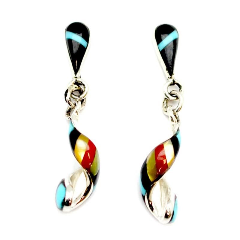 Zuni Inlay Spiral Hoop Earrings Turquoise Coral MOP Sterling Silver Edaakie: Wonderful Zuni Inlay Spiral Hoop Dangle Earrings by I. Edaakie. Turquoise Coral MOP inlay in Sterling Silver setting. Measure about 1 1/2" long by 1/4" wide at spiral swirl part. Stunning traditional 