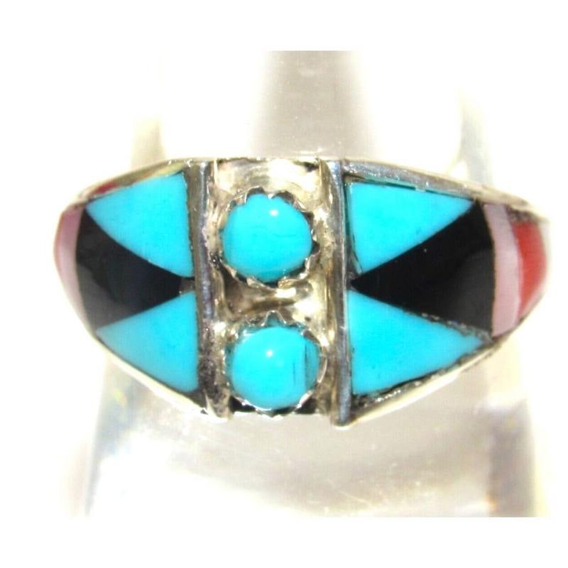 Vintage Zuni Inlay Ring Size 6 Snake Eye Turquoise Coral Jet Sterling Silver: Wonderful dainty vintage Zuni sterling silver, "snake eye" turquoise and multi stone inlay ring in nice vintage condition. Size 6. Traditional "snake eye" design on the front with multi stone inlay on