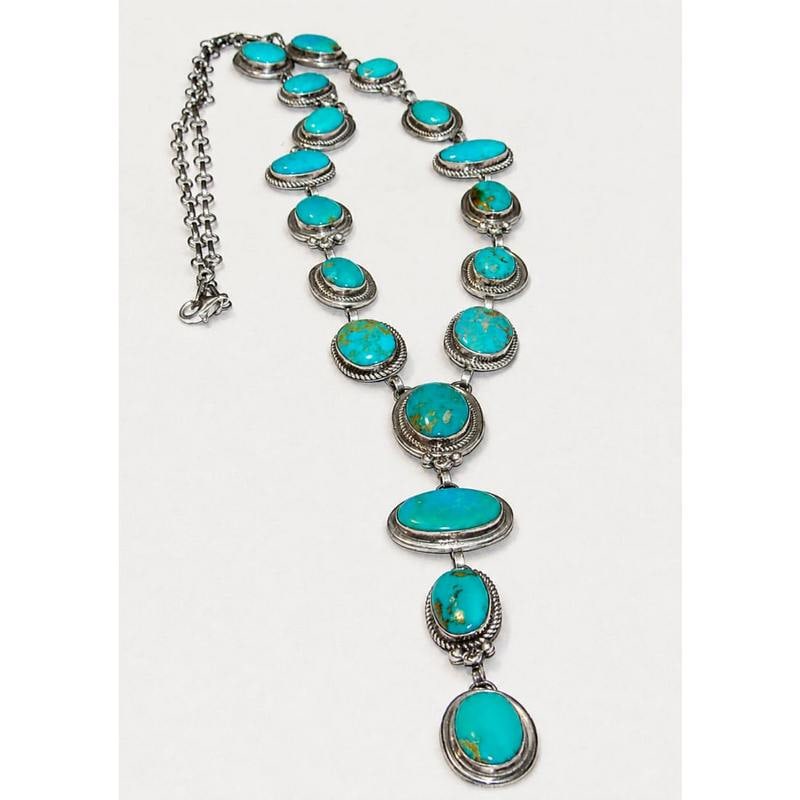 Navajo Royston Turquoise Lariat Necklace Sterling Silver K. Pino: For your consideration is this stunning custom Navajo sterling silver and gorgeous blue Royston mine turquoise lariat design statement necklace by the Navajo artist K. Pino. Traditional hand-etched la