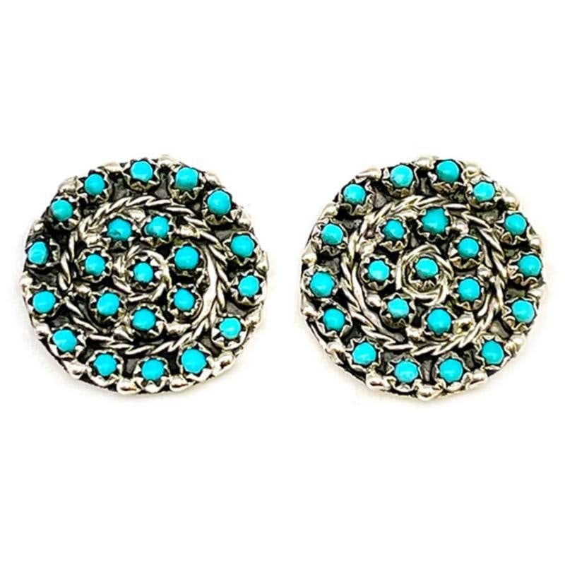 VTG Zuni Snake Eye Turquoise Cluster Earrings Sterling Silver Native American: Wonderful vintage Native American Zuni sterling silver & snake eye turquoise cluster post earrings. Measure a little under 1" in diameter. Marked sterling, signed by the artist. Wonderful, classic vin