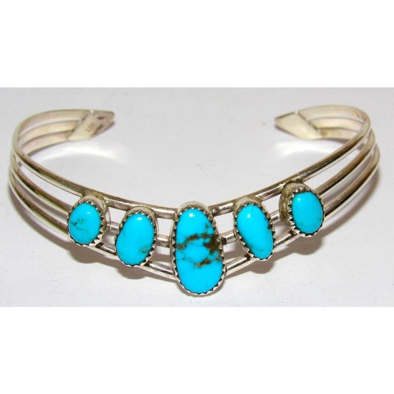 Navajo Kingman Turquoise Bracelet Sterling Silver Cuff V-Shaped Design (1 of 6)