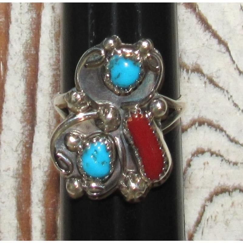 Navajo Kingman Turquoise Coral Ring Sz 8 Sterling Native American Signed (1 of 4)