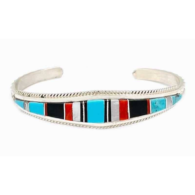 Zuni Inlay Turquoise Coral Bracelet Sterling Native American D. Luna: Fab Native American Zuni sterling silver and turquoise, coral, mother of pearl, and jet inlay cuff bracelet by Diedra Luna. Sterling silver inlaid bracelet with traditional Zuni inlay design. It measu