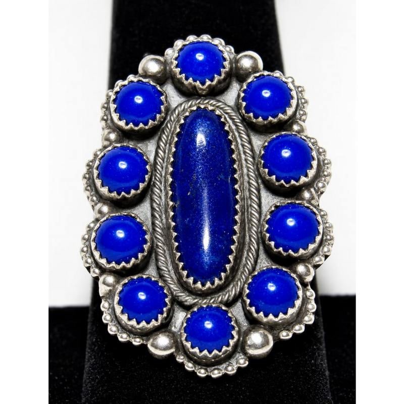 Navajo Lapis Lazuli Cluster Ring Size 10 Sterling Silver Native American: Navajo Lapis Lazuli Cluster Ring Size 10 Sterling Silver Native American . Spectacularly stunning collectible Navajo cluster ring in sterling silver with gorgeous deep blue lapis lazuli cabochons. Ama