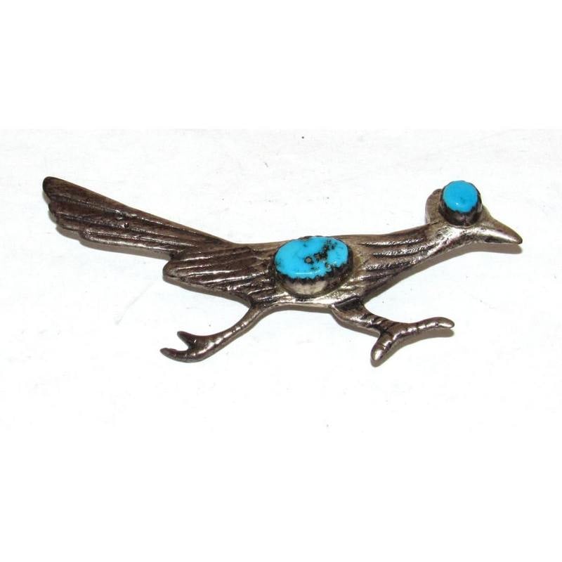 Old Pawn Navajo Roadrunner Turquoise Sterling Silver Brooch Pin: Stunning vintage Navajo sterling silver turquoise roadrunner brooch/pin in vintage condition with original patina. This gorgeous early Navajo piece measures about 2 1/4" wide. Traditional hand-etched 