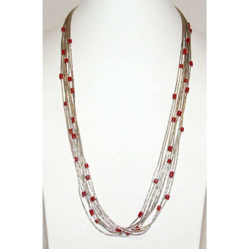 Vintage Navajo Liquid Silver Necklace with Red Coral Bead Accents 28": Striking vintage Navajo liquid silver and coral necklace featuring multiple flowing strands of liquid silver beads accented throughout with vibrant red coral bead accents. Measuring approximately 28 i
