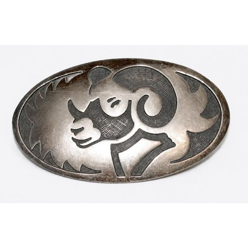 Vintage Hopi Hyson Naseyoma Sterling Silver Overlay Bighorn Ram Belt Buckle 4" (1 of 3)