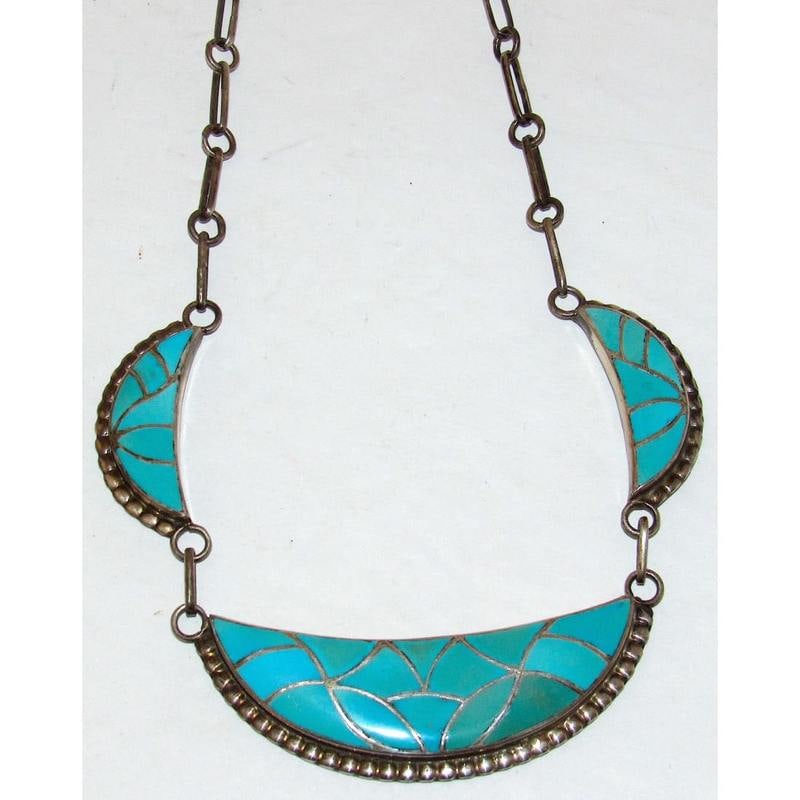 Old Pawn Zuni Turquoise Inlay Necklace Sterling Silver Orlinda Natewa (1 of 8)
