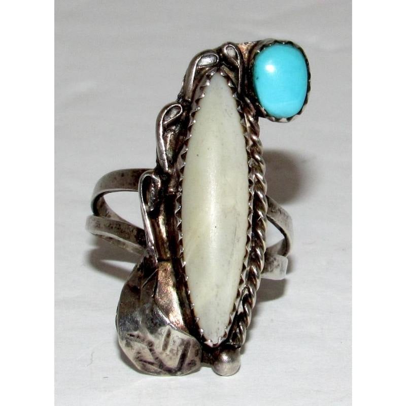 Old Pawn Navajo Mother of Pearl Turquoise Ring Size 7 Sterling Silver (1 of 6)