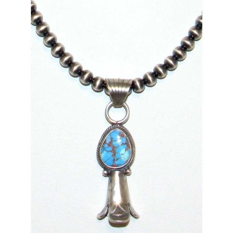 Navajo Pearls & Squash Blossom Pendant Golden Hills Turquoise Sterling Silver: Native American Navajo pearls necklace with a stunning Golden Hills mine turquoise pendant. Sterling silver and Golden Hills turquoise squash blossom pendant, signed by the artist. Sterling silver, Go