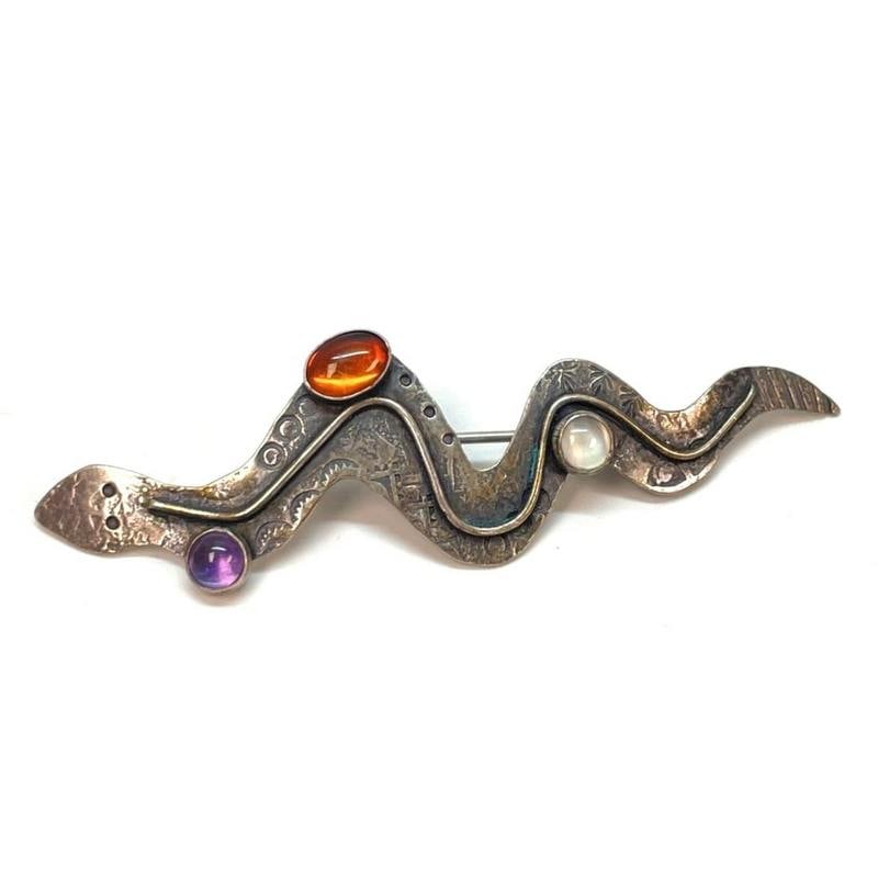 Vintage Southwestern Sterling Silver Multi-Stone Snake Brooch (1 of 4)