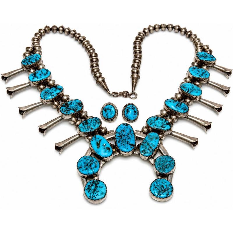 Vintage Navajo Squash Blossom Necklace Earrings Set Kingman Turquoise Sterling Silver (1 of 6)
