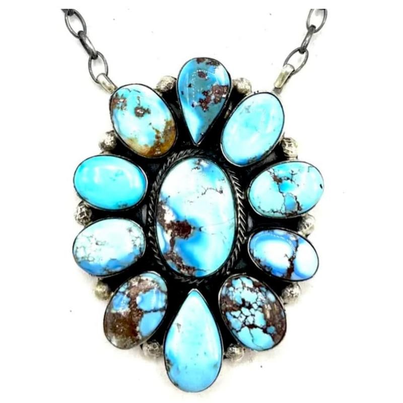 Navajo Golden Hills Turquoise Cluster Bar Necklace Sterling Silver J. Skets: Navajo Golden Hills Turquoise Cluster Bar Necklace Sterling Silver J. Skeets. For your consideration is this stunning Navajo sterling silver and phenomenal gem grade Golden Hills turquoise in desirabl