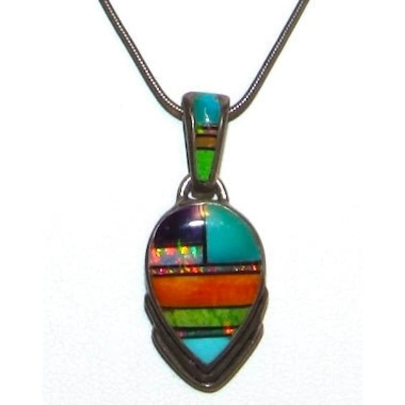 Vintage Navajo Turquoise Spiny Channel Inlay Pendant Sterling Silver Necklace Signed (1 of 6)