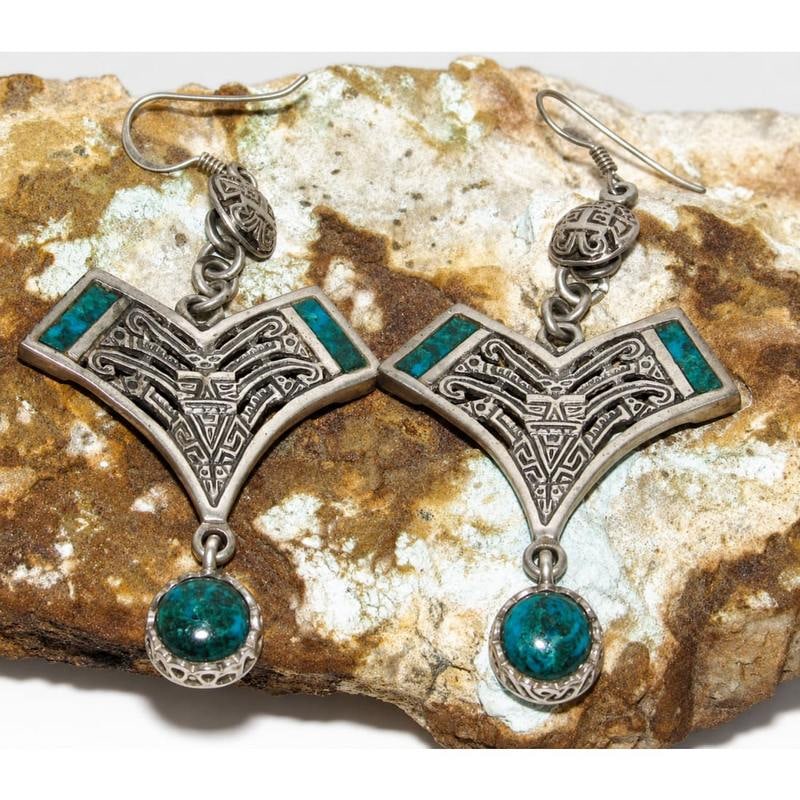 Vintage Taxco Mexico Pre-Colombian Design Sterling Silver Dangle Earrings (1 of 5)