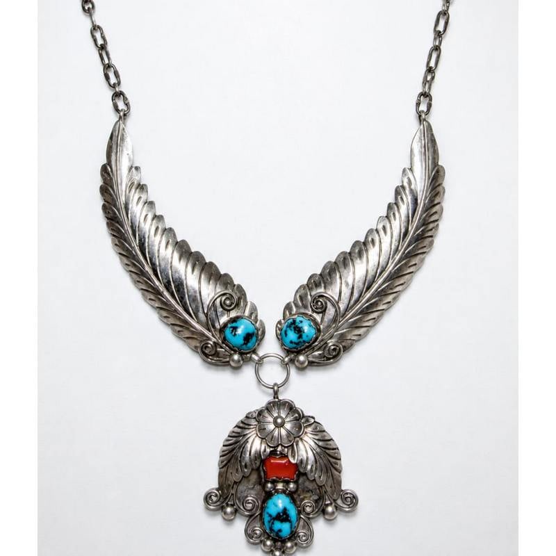 Vintage Navajo Turquoise Coral Necklace Squash Blossom Sterling Silver: Vintage Navajo Turquoise Coral Necklace Squash Blossom Sterling Silver. A spectacular vintage Navajo sterling silver squash blossom necklace featuring an exceptionally artistic winged-leaf design set 