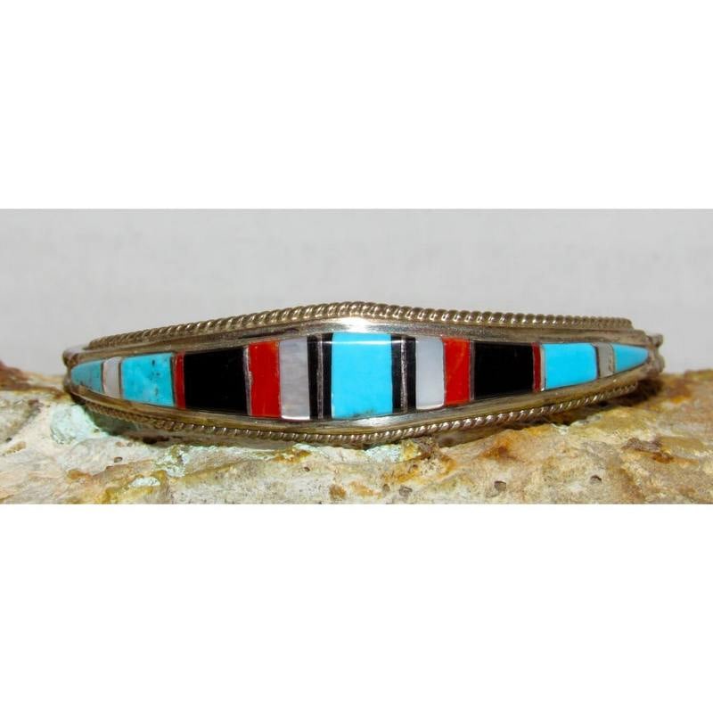 Zuni Inlay Turquoise Coral Bracelet Sterling Native American D. Panteah (1 of 5)
