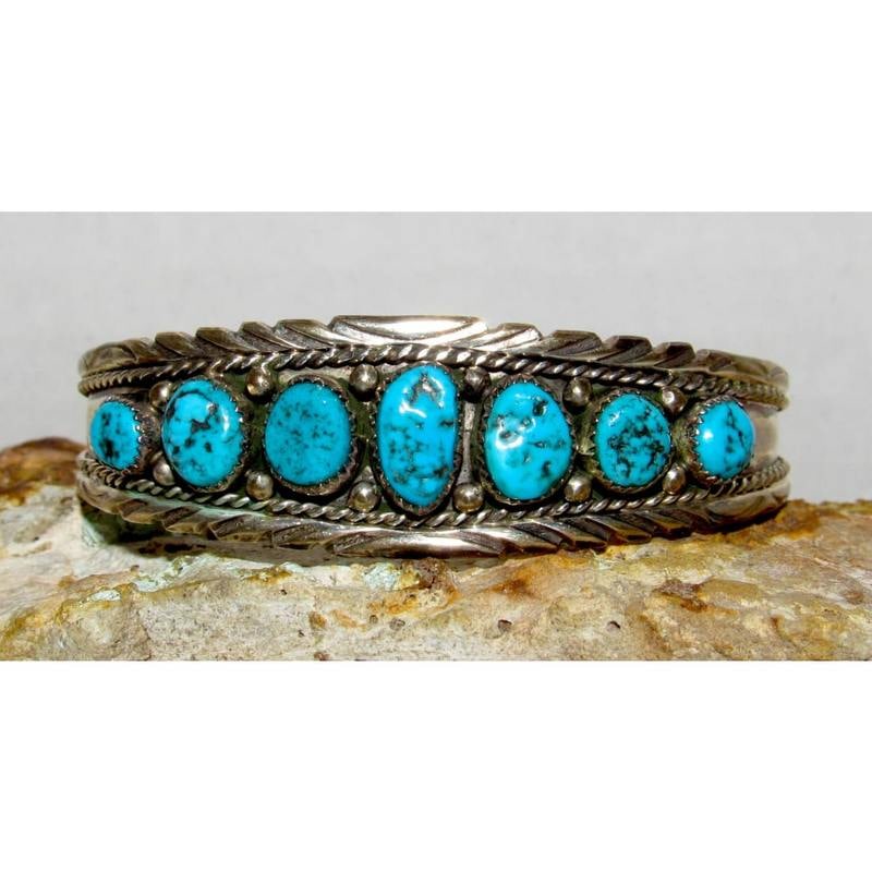 Vintage Navajo Kingman Turquoise Cluster Cuff Bracelet A. Chapo Sterling Silver (1 of 6)