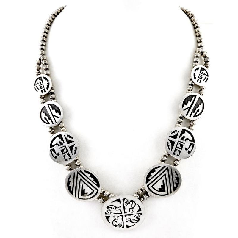 Vintage Hopi Sterling Silver Overlay Storytelling Medallion Necklace: Vintage Hopi Sterling Silver Overlay Storytelling Medallion Necklace. An exceptional vintage sterling silver overlay necklace dating to the early 1970s, this museum-quality work exemplifies the refine