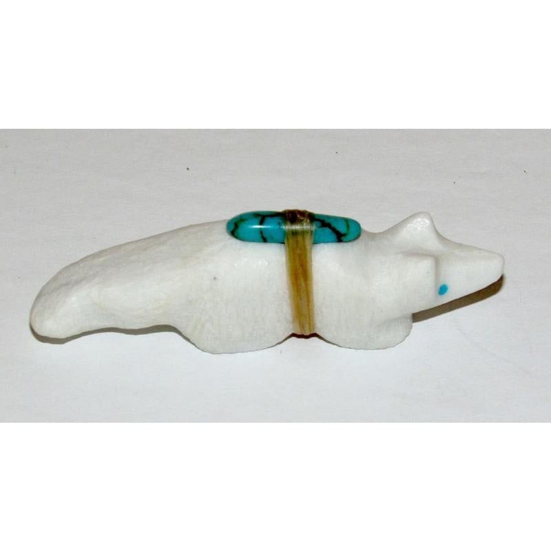 Zuni Fox Fetish – Alabaster with Turquoise Accents: This Zuni fox fetish is hand-carved from creamy white alabaster and features turquoise inlay eyes and a turquoise accent secured with traditional binding. Measuring approximately 2 3/4" inches in leng