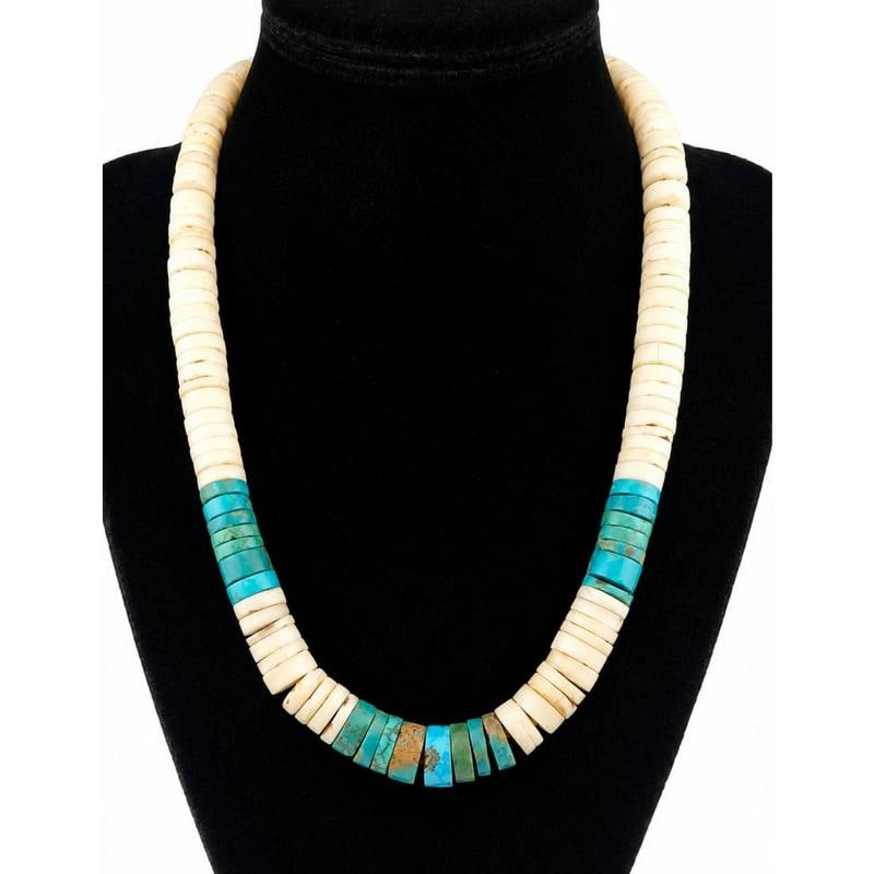 Vintage Kewa Santo Domingo Rolled Clam Shell & Turquoise Heishi Necklace (1 of 6)