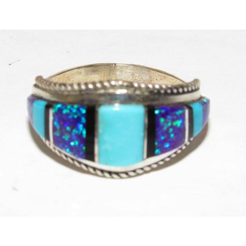 Zuni Turquoise Opal Inlay Ring Sz 8 Sterling Silver D. Luna: Zuni Turquoise Opal Inlay Ring Sz 8 Sterling Silver D. Luna. For your consideration is this traditional Native American Zuni sterling silver and turquoise, opal, jet inlay ring in size 8.It measures j