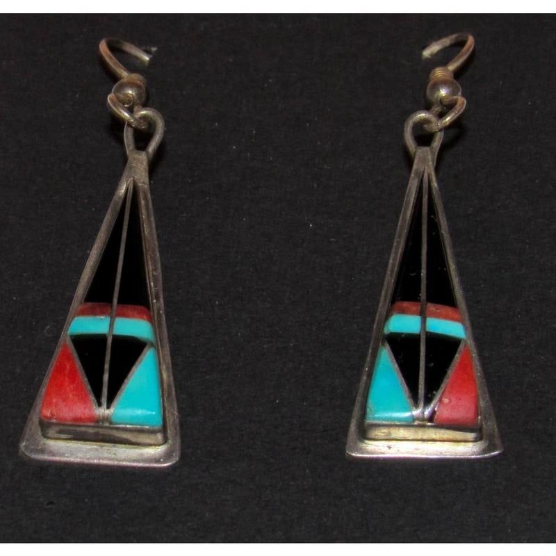 Navajo Turquoise Jet Inlay Earrings Sterling Silver Teme Sunburst Handcarfts (1 of 5)