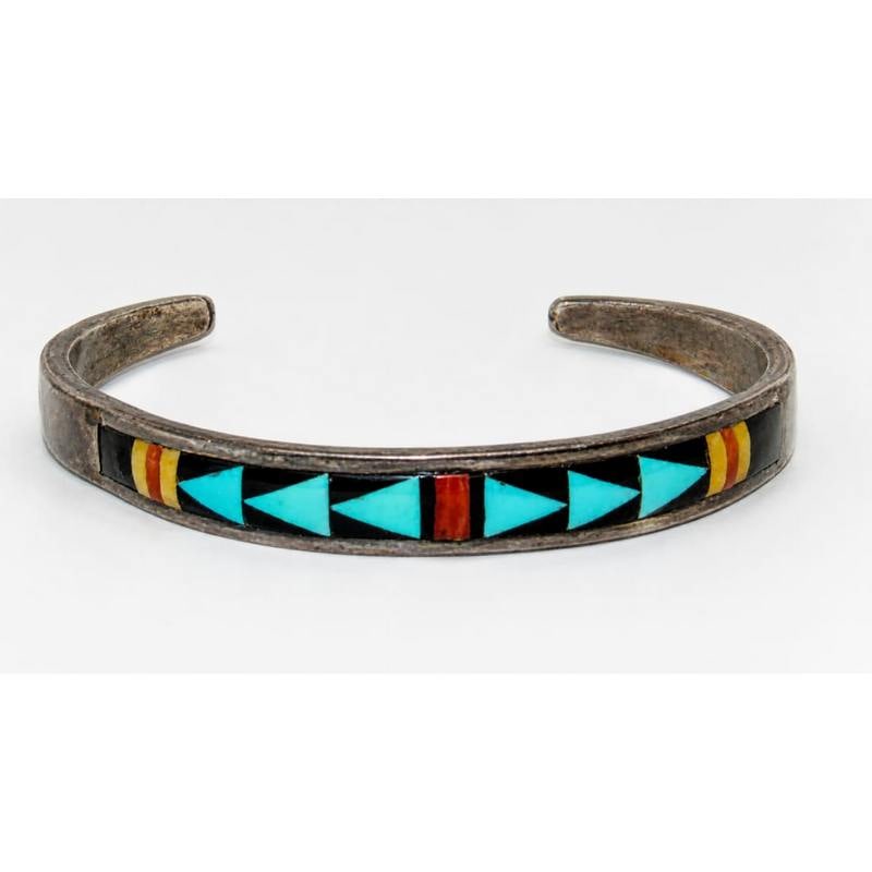 Vintage Zuni Turquoise Multi Stone Inlay Stacker Cuff Bracelet Sterling Singed: Vintage Zuni Turquoise Multi Stone Inlay Stacker Cuff Bracelet Sterling Singed. Fab Native American Zuni sterling silver and multi stone inlay cuff bracelet by the collectible Zuni artist C.M. Booqua.