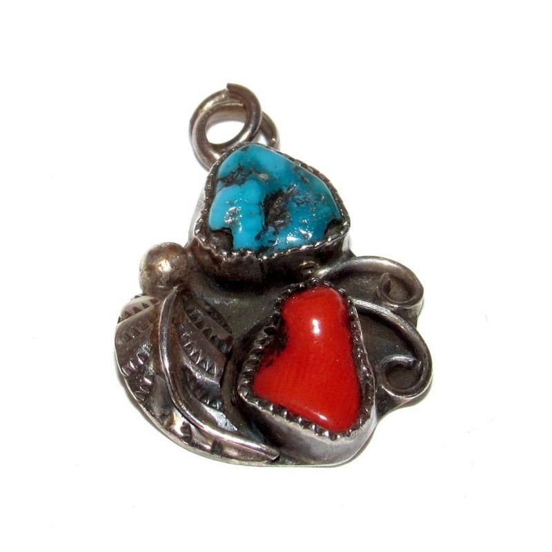 Vintage Navajo Sterling Silver Turquoise Coral Pendant Charm: Vintage Navajo Sterling Silver Turquoise Coral Pendant Charm. For your consideration is this wonderful vintage traditional Navajo sterling silver, coral & turquoise charm pendant by the Navajo artist.