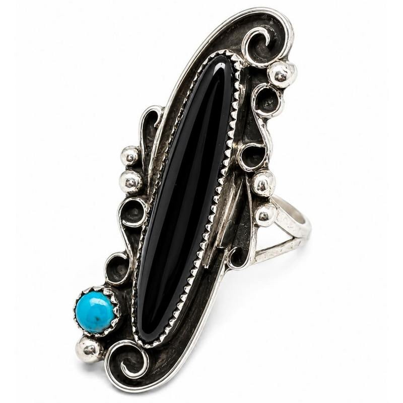Navajo Ring Onyx Turquoise Sterling Silver Sz 8 Native American S. Yazzie Women: Navajo Sterling silver ladies ring with a black onyx stone and one turquoise cabochon, traditional Navajo blossom design. Top measures approximately 1 3/4" long by 3/4" wide. It is Navajo hand made by