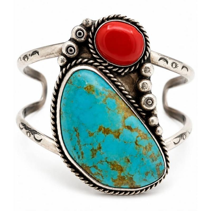 Old Pawn Navajo Turquoise Coral Sterling Silver Statement Cuff Bracelet (1 of 4)