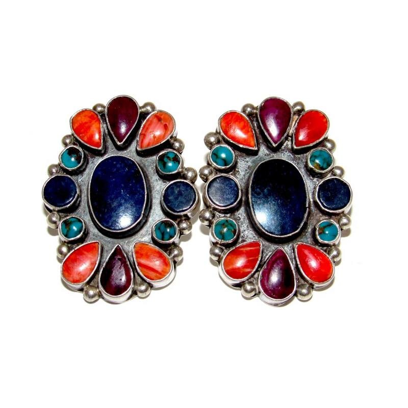 Vintage Navajo Turquoise Spiny Cluster Earrings Sterling Silver J. Patterson (1 of 5)