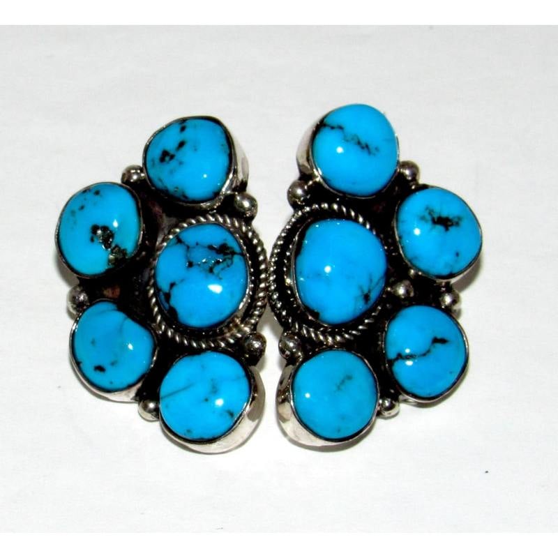 Navajo Kingman Turquoise Half Cluster Post Earrings Sterling Silver J. Yazzie: Experience the epitome of Southwestern elegance with these Navajo sterling silver and amazing Golden Hills turquoise in the desirable shades of blue half cluster earrings, masterfully crafted by the r