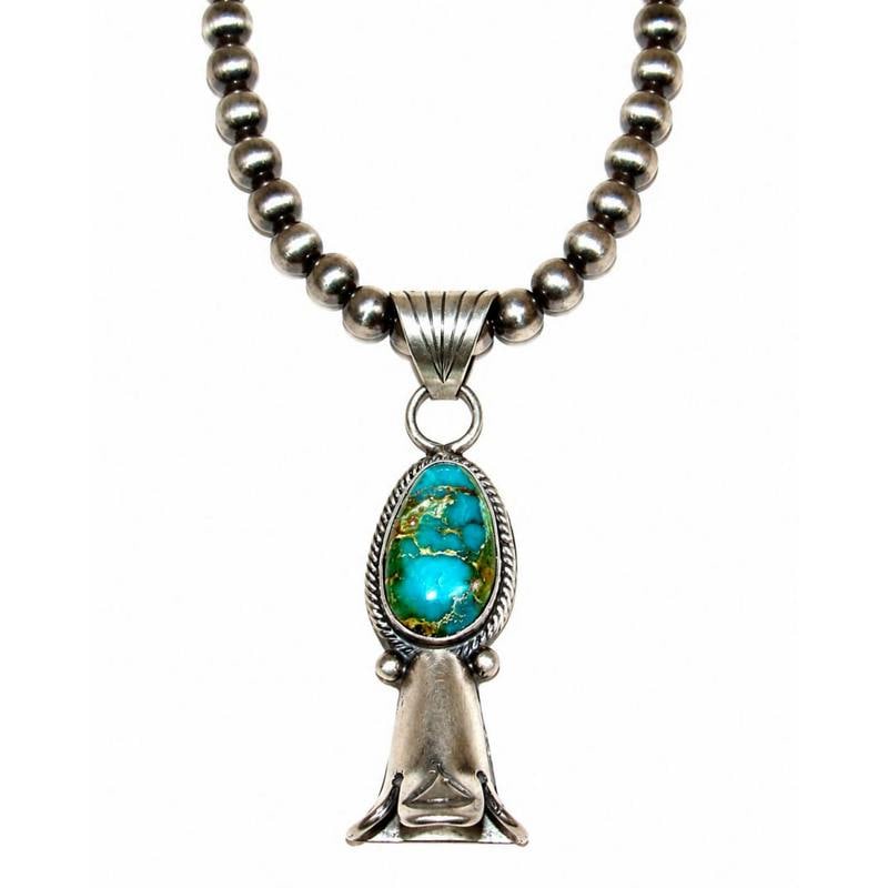 Navajo Pearls & Squash Blossom Pendant Royston Turquoise Sterling Silver: Native American Navajo pearls necklace with a stunning Royston mine turquoise pendant. Sterling silver and Royston turquoise squash blossom pendant, signed by the artist. Sterling silver, Royston mine