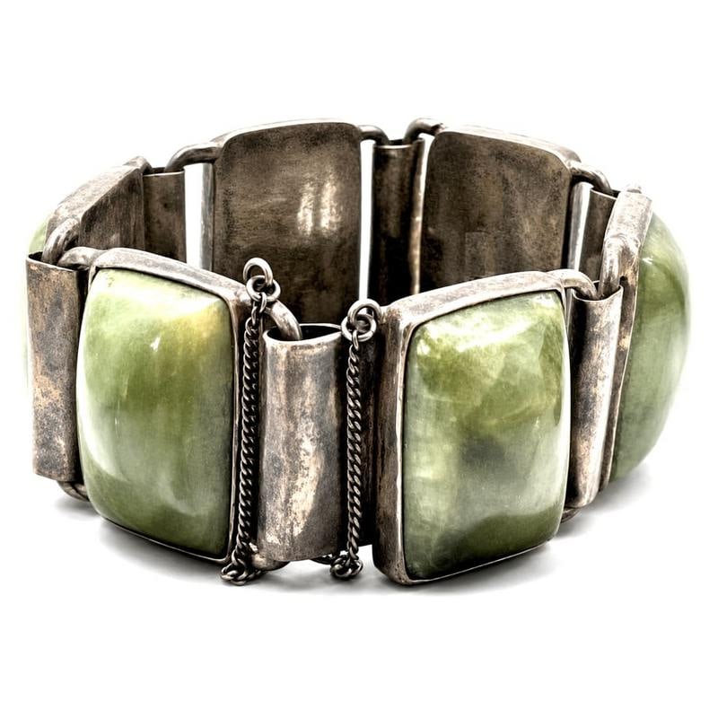 Vintage Pre-Eagle Taxco Mexico Sterling Silver Mexican Jade Panel Bracelet (1 of 4)