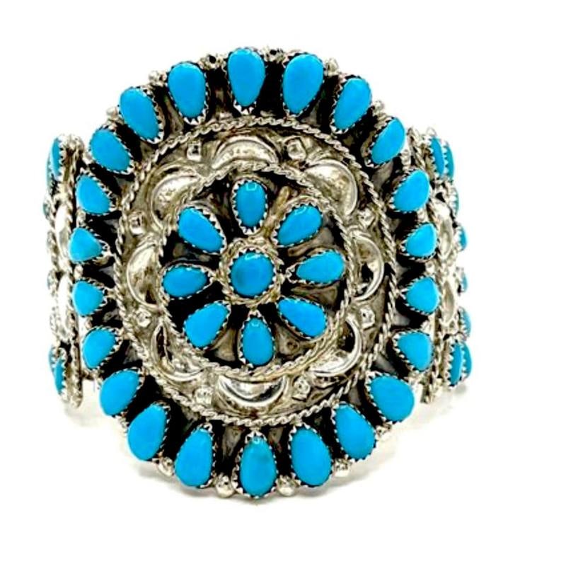 Navajo Turquoise Cluster Sterling Silver Cuff Bracelet Delia Wauneka: Navajo Turquoise Cluster Sterling Silver Cuff Bracelet Delia Wauneka. For your consideration is this stunning larger Navajo sterling silver and Kingman turquoise cluster statement cuff bracelet by the