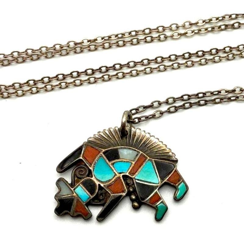 Old Pawn Zuni Rainbow Man Kachina Pendant Necklace Sterling Silver Turquoise Coral MOP: This fine Old Pawn Zuni Rainbow Man Kachina pendant necklace is a striking example of traditional Zuni inlay artistry, crafted in sterling silver with vibrant turquoise, coral, jet, and mother-of-pear