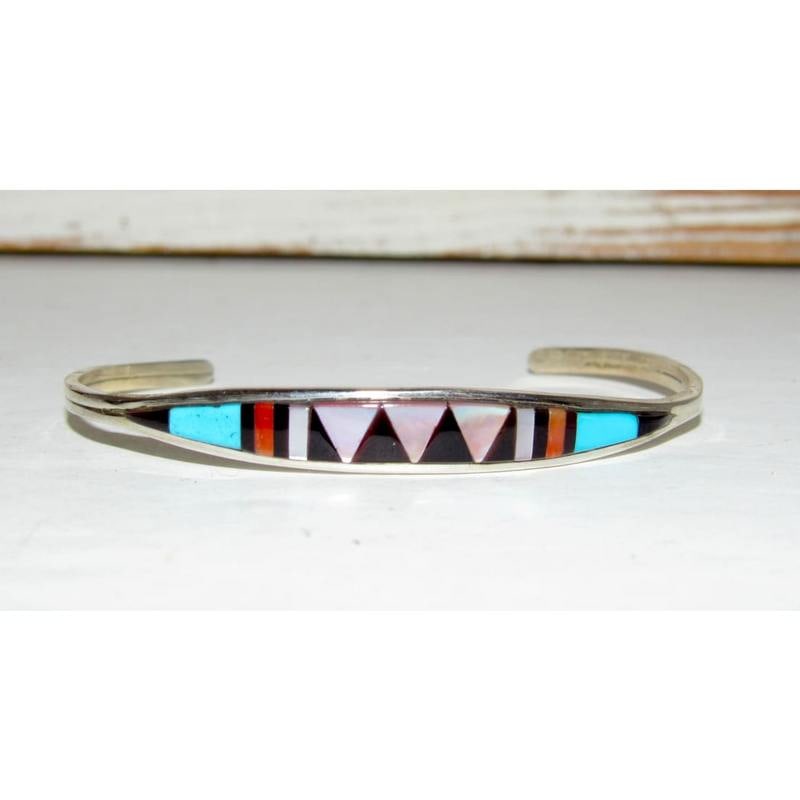 Zuni Inlay Turquoise Coral Bracelet Sterling Silver C. Weebothee Stacker (1 of 5)