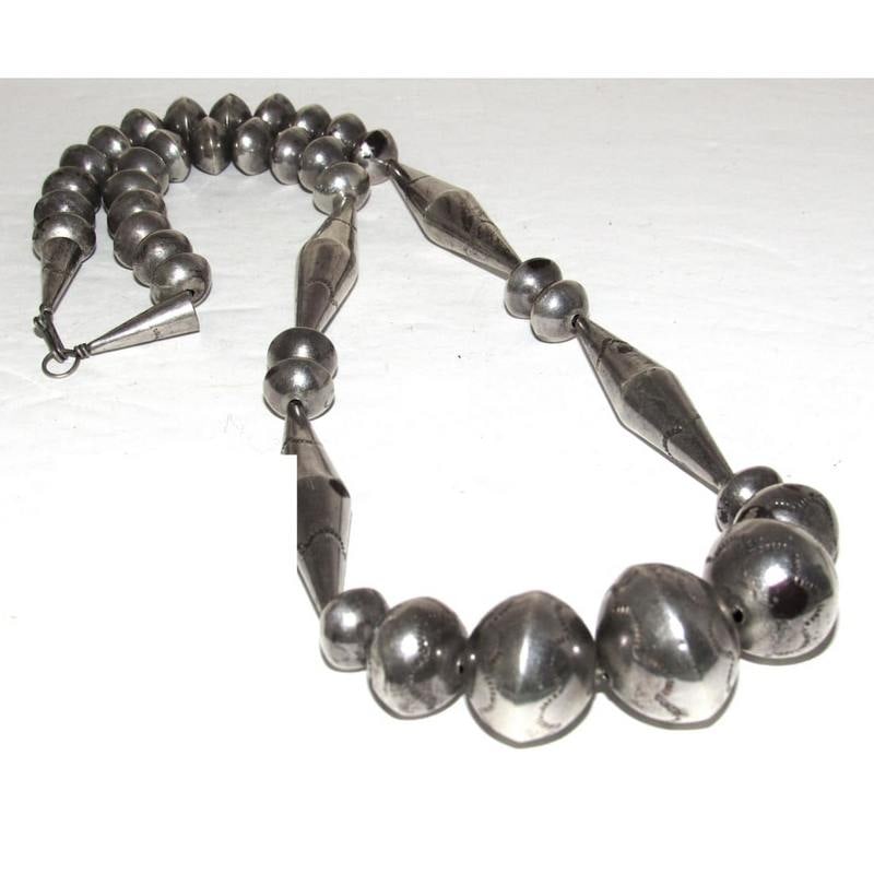 Old Pawn Navajo Pearls Necklace Hand Made Stamped Saucer Beads Sterling Silver 24": Old Pawn Navajo Pearls Necklace Hand Made Stamped Saucer Beads Sterling Silver 24". Phenomenal vintage Navajo pearls necklace. Hand etched design, hand made & hand-stamped saucer & barrel beads, all h