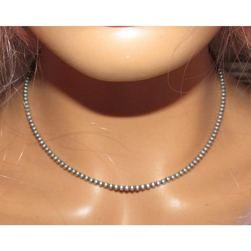 Navajo Pearls Necklace 3mm Sterling Silver Beads Necklace 18"L: Stunning 3mm Navajo pearls necklace. Measures about 18" long with hook & eye closure. Gorgeous, elegant & timeless piece that is sure to complement any outfit. Wonderful gift for anyone or yourself!