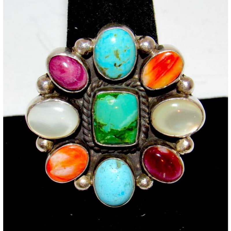 Navajo Turquoise Spiny MOP Cluster Ring Sz 8 Sterling Silver A. Bahe: Navajo Turquoise Spiny MOP Cluster Ring Sz 8 Sterling Silver A. Bahe. Stunning colorful Native American Navajo sterling silver & multi stone cluster ring. The stone include turquoise, orange & purple 
