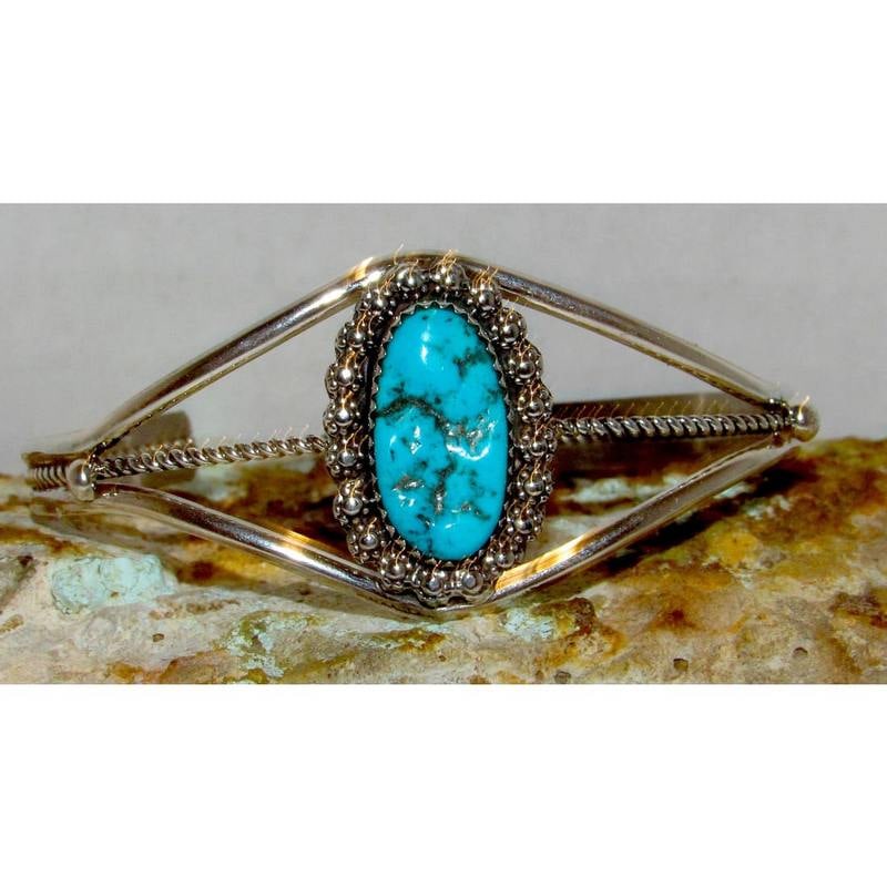 Navajo Kingman Turquoise Cuff Bracelet Sterling Silver Native Signed (1 of 5)