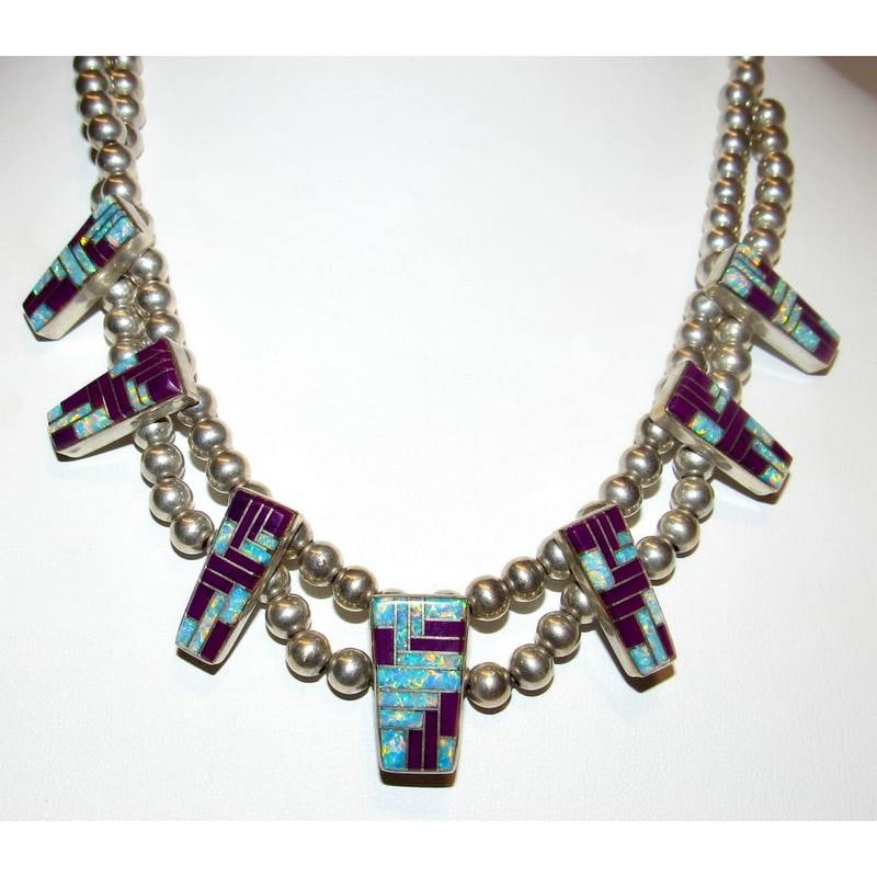 Vintage Navajo Sugilite Opal Necklace Navajo Pearls Sterling Silver Signed: Vintage Navajo Sugilite Opal Necklace Navajo Pearls Sterling Silver Signed. Stunning Native American Navajo sterling sugilite and opal inlay Navajo pearls statement necklace . Intricate mosaic inlay d