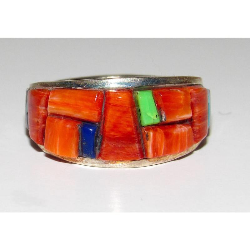 Navajo Red & Orange Spiny Cobble Inlay Ring Sz 7.5 Sterling Silver E. Yazzie: Navajo Red & Orange Spiny Cobble Inlay Ring Sz 7.5 Sterling Silver E. Yazzie. For your consideration is this stunning Navajo Sterling Silver Orange Spiny Oyster, Gaspeite, Lapis Inlay Ring, a stunning