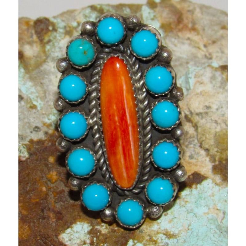 Navajo Turquoise Orange Spiny Cluster Ring Size 8.5 Sterling P. Yazzie (1 of 6)